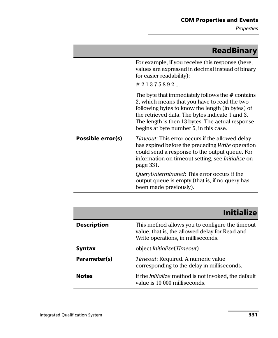 Initialize, Readbinary | EXFO IQS-600 Integrated Qualification System User Manual | Page 339 / 357