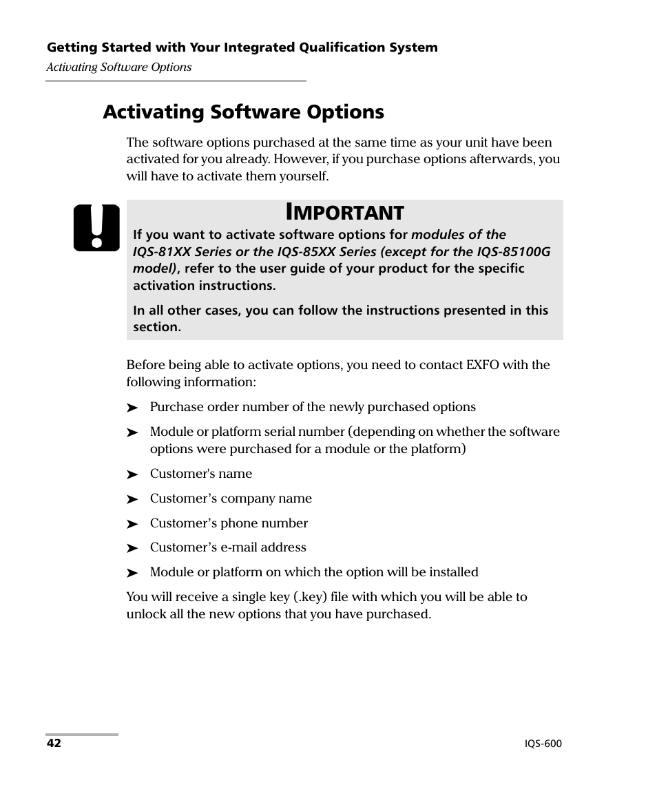 Activating software options, Mportant | EXFO IQS-600 Integrated Qualification System User Manual | Page 50 / 357