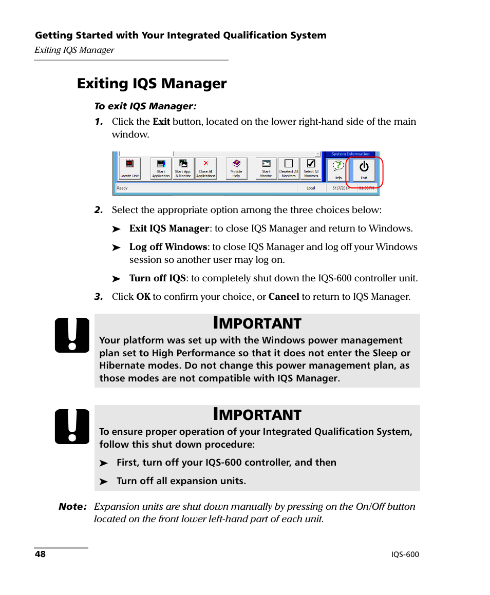 Exiting iqs manager, Mportant | EXFO IQS-600 Integrated Qualification System User Manual | Page 56 / 357