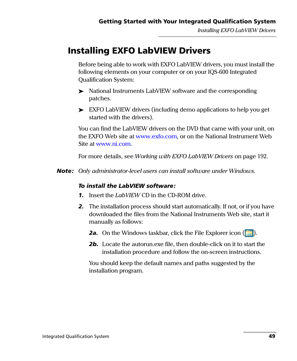 Installing exfo labview drivers | EXFO IQS-600 Integrated Qualification System User Manual | Page 57 / 357