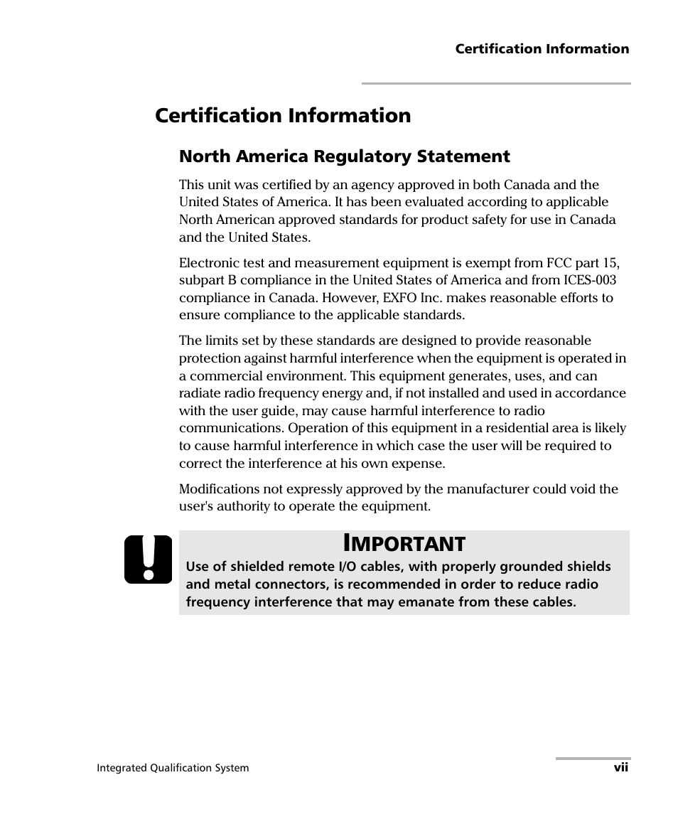 Certification information, Mportant | EXFO IQS-600 Integrated Qualification System User Manual | Page 7 / 357