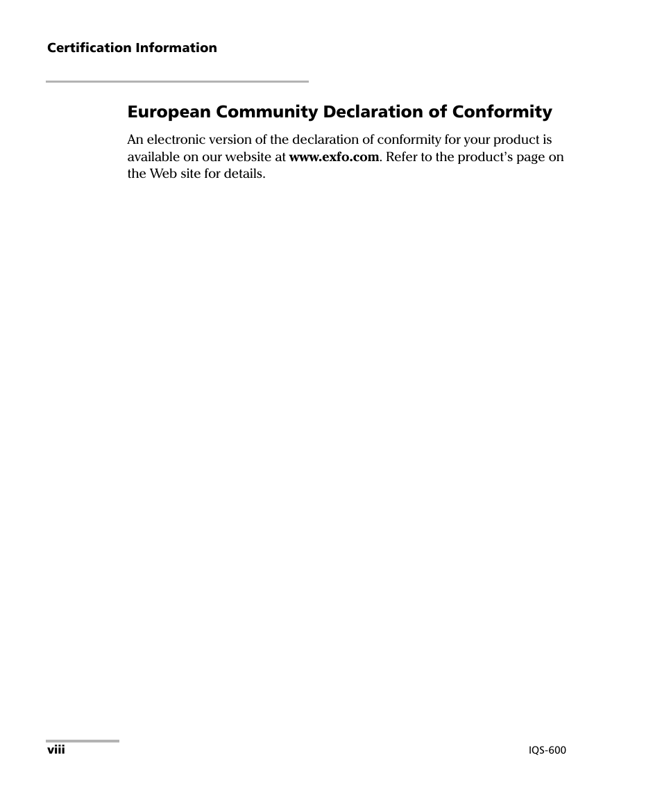 European community declaration of conformity | EXFO IQS-600 Integrated Qualification System User Manual | Page 8 / 357