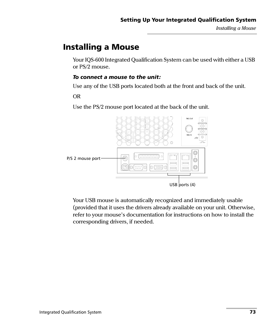 Installing a mouse | EXFO IQS-600 Integrated Qualification System User Manual | Page 81 / 357