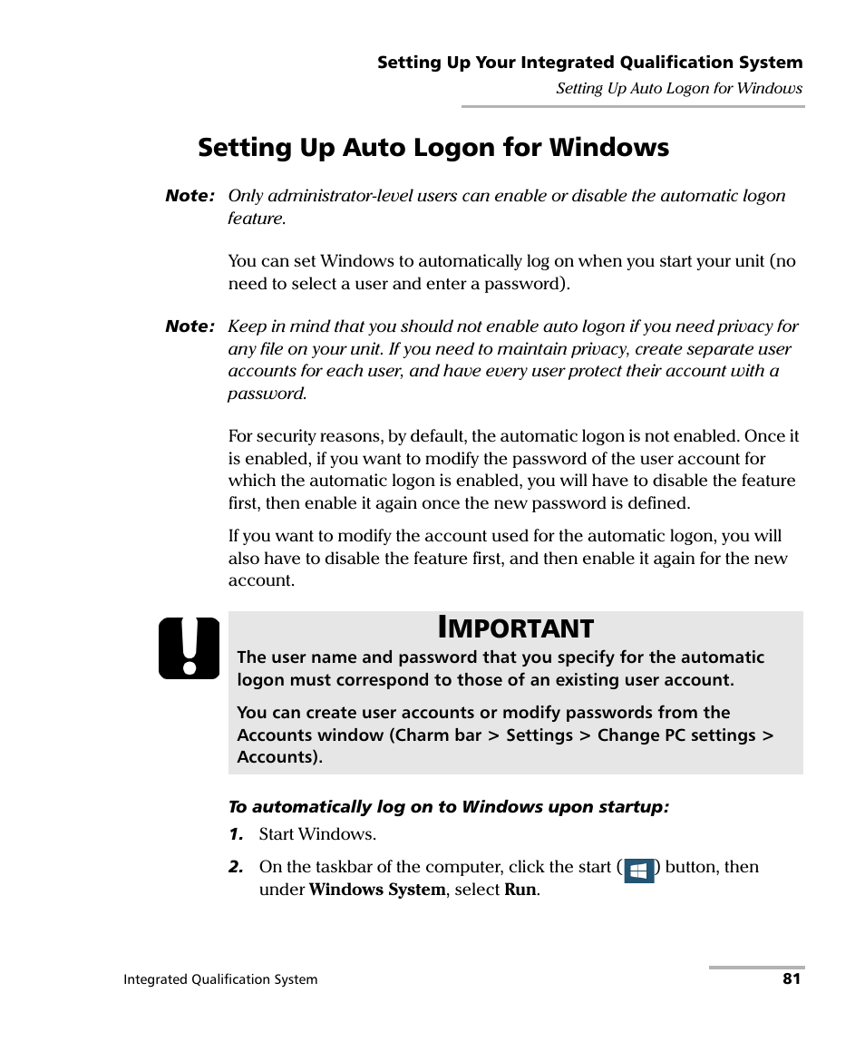 Setting up auto logon for windows, Mportant | EXFO IQS-600 Integrated Qualification System User Manual | Page 89 / 357