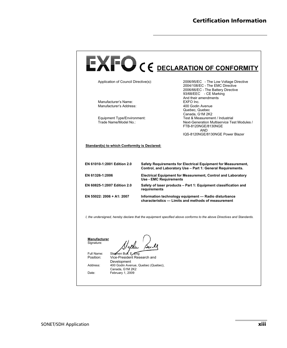 Declaration of conformity, Certification information, Xiii | Sonet/sdh application | EXFO IQS-8100 Series Transport Blazer for IQS-600 User Manual | Page 13 / 719