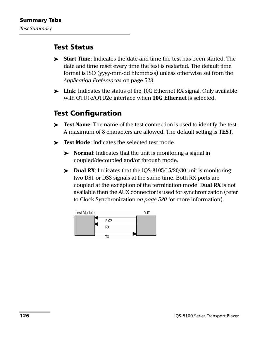 Test status, Test configuration | EXFO IQS-8100 Series Transport Blazer for IQS-600 User Manual | Page 140 / 719