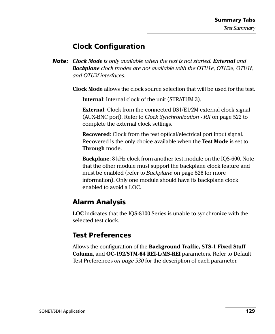 Clock configuration, Alarm analysis, Test preferences | EXFO IQS-8100 Series Transport Blazer for IQS-600 User Manual | Page 143 / 719