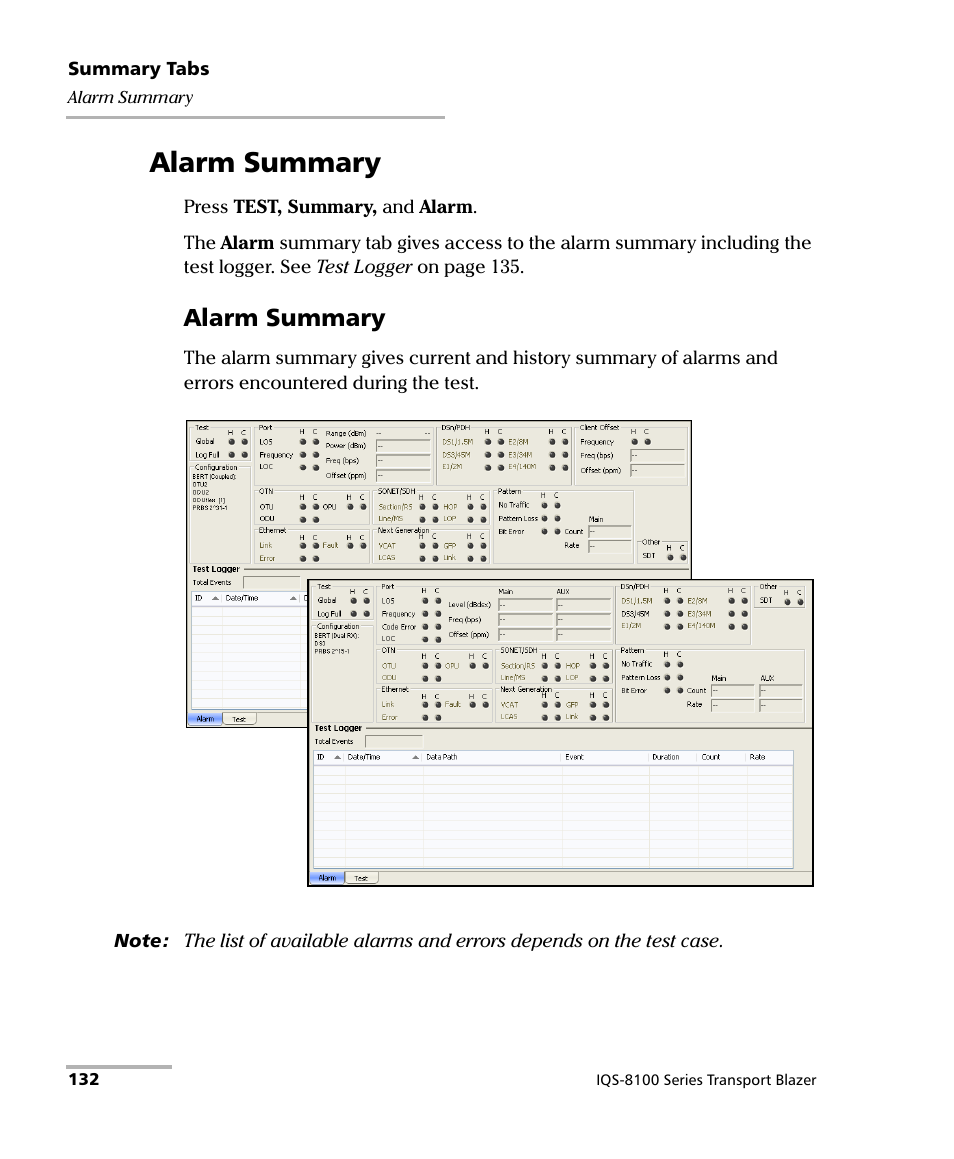 Alarm summary | EXFO IQS-8100 Series Transport Blazer for IQS-600 User Manual | Page 146 / 719