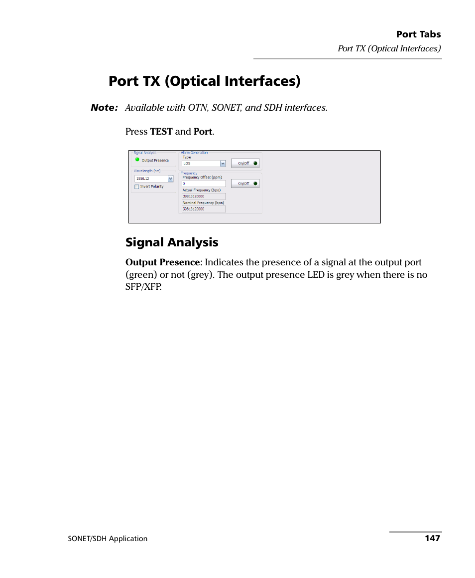 Port tx (optical interfaces), Signal analysis | EXFO IQS-8100 Series Transport Blazer for IQS-600 User Manual | Page 161 / 719