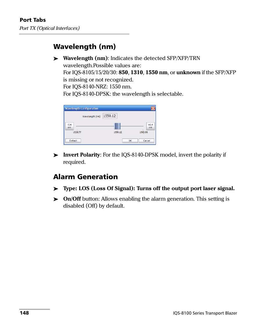 Wavelength (nm), Alarm generation | EXFO IQS-8100 Series Transport Blazer for IQS-600 User Manual | Page 162 / 719