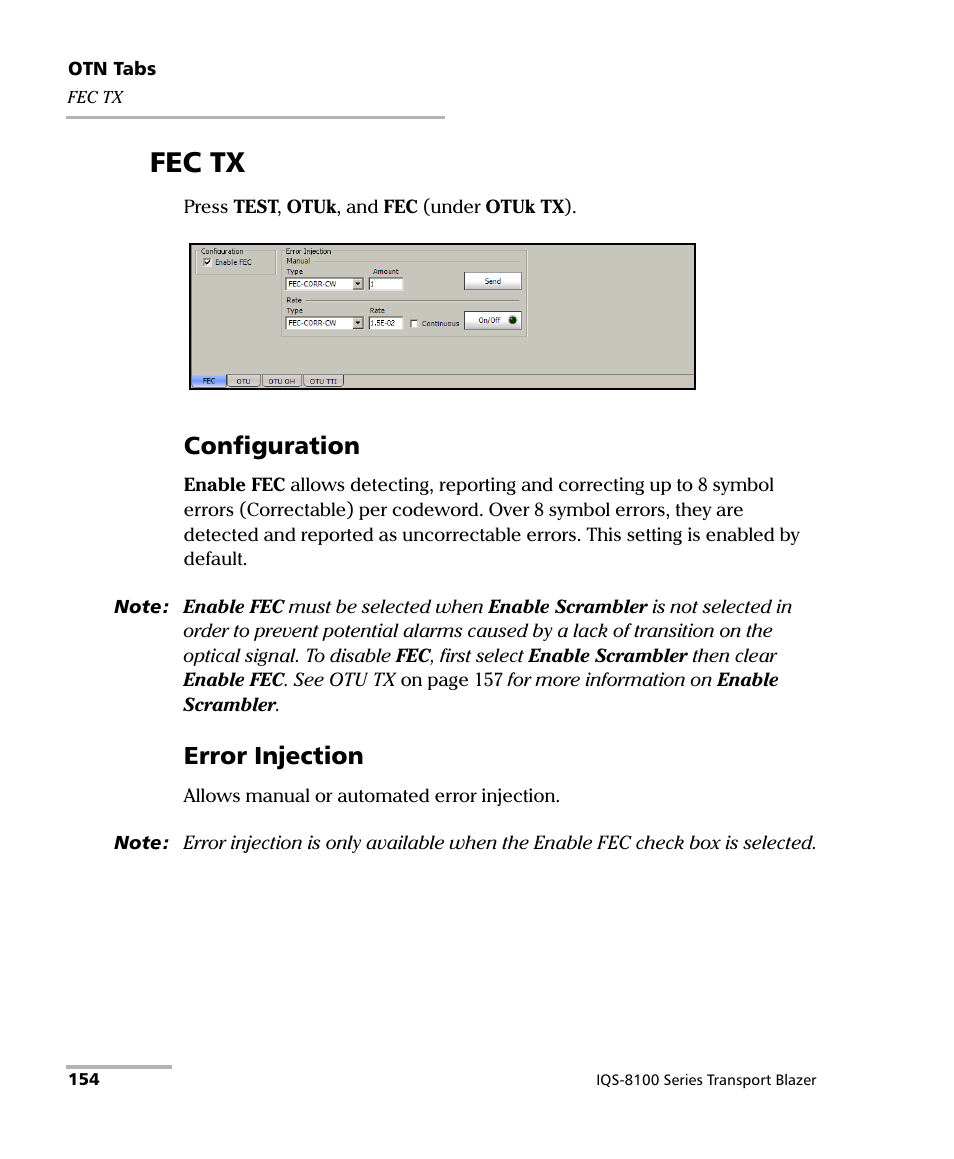 Fec tx, Configuration, Error injection | EXFO IQS-8100 Series Transport Blazer for IQS-600 User Manual | Page 168 / 719