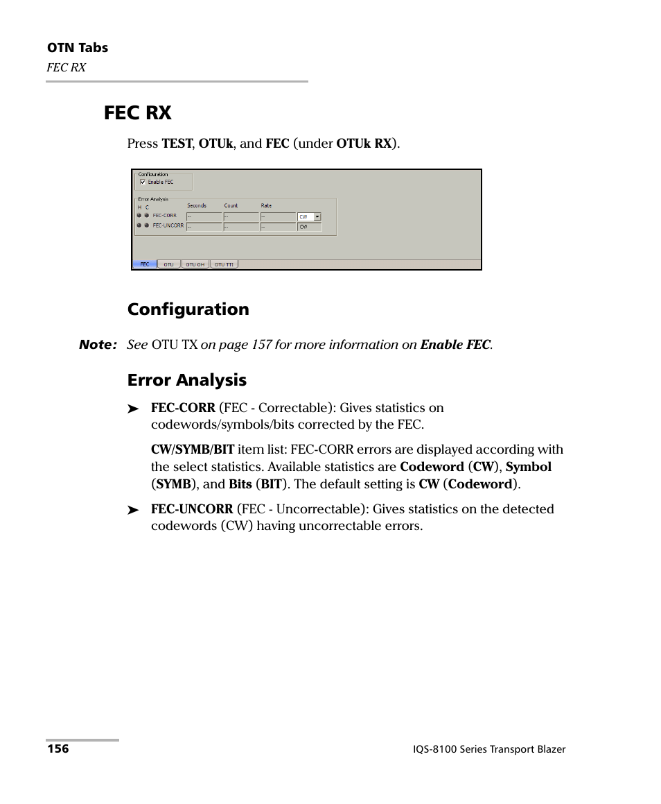 Fec rx, Configuration, Error analysis | EXFO IQS-8100 Series Transport Blazer for IQS-600 User Manual | Page 170 / 719