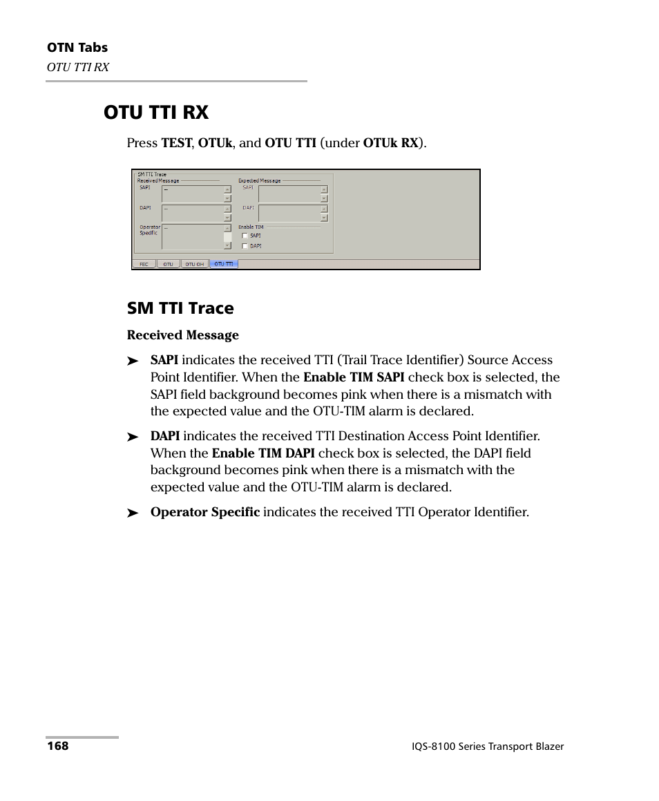 Otu tti rx, Sm tti trace | EXFO IQS-8100 Series Transport Blazer for IQS-600 User Manual | Page 182 / 719