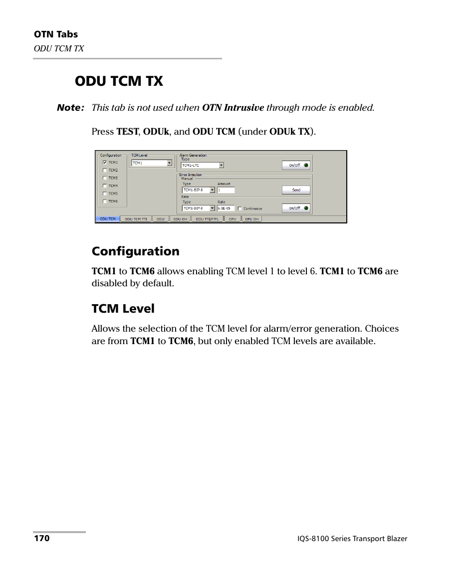 Odu tcm tx, Configuration, Tcm level | EXFO IQS-8100 Series Transport Blazer for IQS-600 User Manual | Page 184 / 719