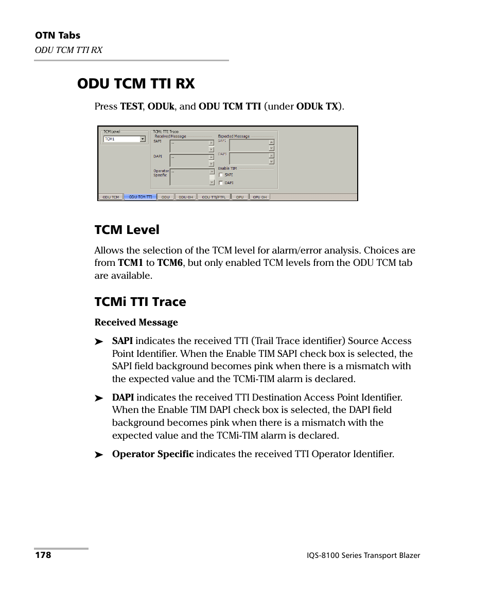 Odu tcm tti rx, Tcm level, Tcmi tti trace | EXFO IQS-8100 Series Transport Blazer for IQS-600 User Manual | Page 192 / 719