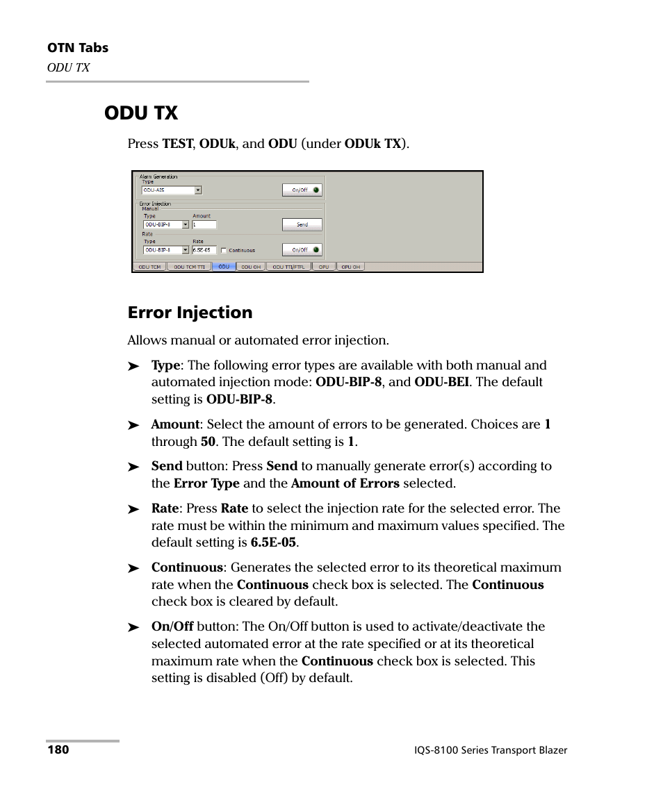 Odu tx, Error injection | EXFO IQS-8100 Series Transport Blazer for IQS-600 User Manual | Page 194 / 719