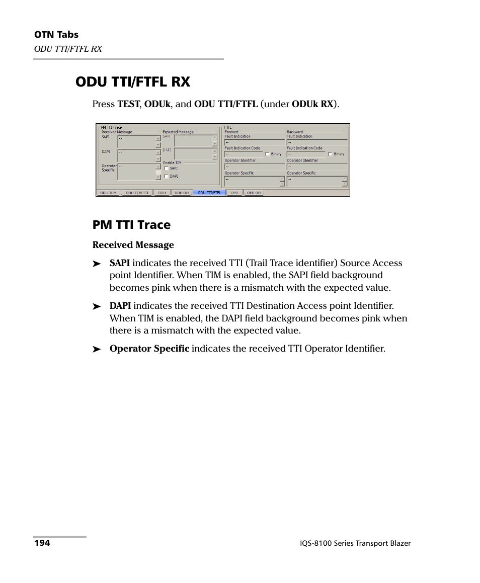 Odu tti/ftfl rx, Pm tti trace | EXFO IQS-8100 Series Transport Blazer for IQS-600 User Manual | Page 208 / 719