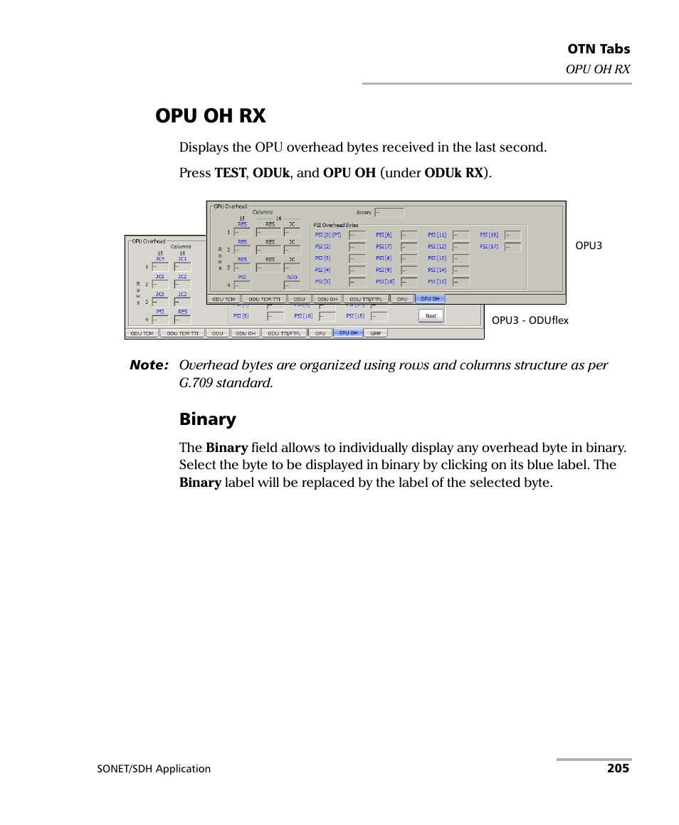 Opu oh rx, Binary | EXFO IQS-8100 Series Transport Blazer for IQS-600 User Manual | Page 219 / 719