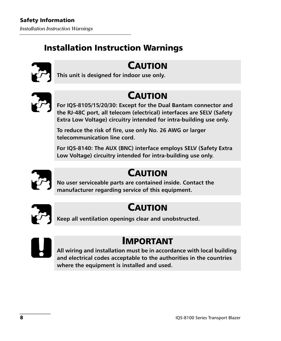 Installation instruction warnings, Aution, Mportant | EXFO IQS-8100 Series Transport Blazer for IQS-600 User Manual | Page 22 / 719