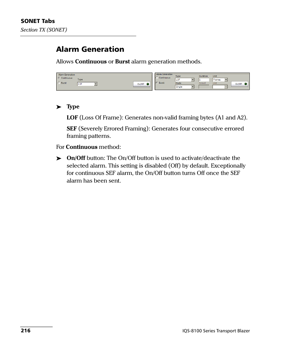 Alarm generation | EXFO IQS-8100 Series Transport Blazer for IQS-600 User Manual | Page 230 / 719