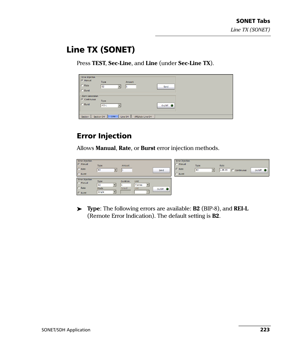 Line tx (sonet), Error injection | EXFO IQS-8100 Series Transport Blazer for IQS-600 User Manual | Page 237 / 719