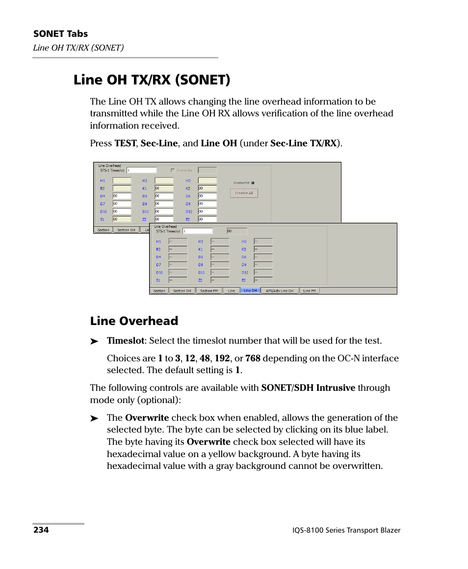 Line oh tx/rx (sonet), Line overhead | EXFO IQS-8100 Series Transport Blazer for IQS-600 User Manual | Page 248 / 719