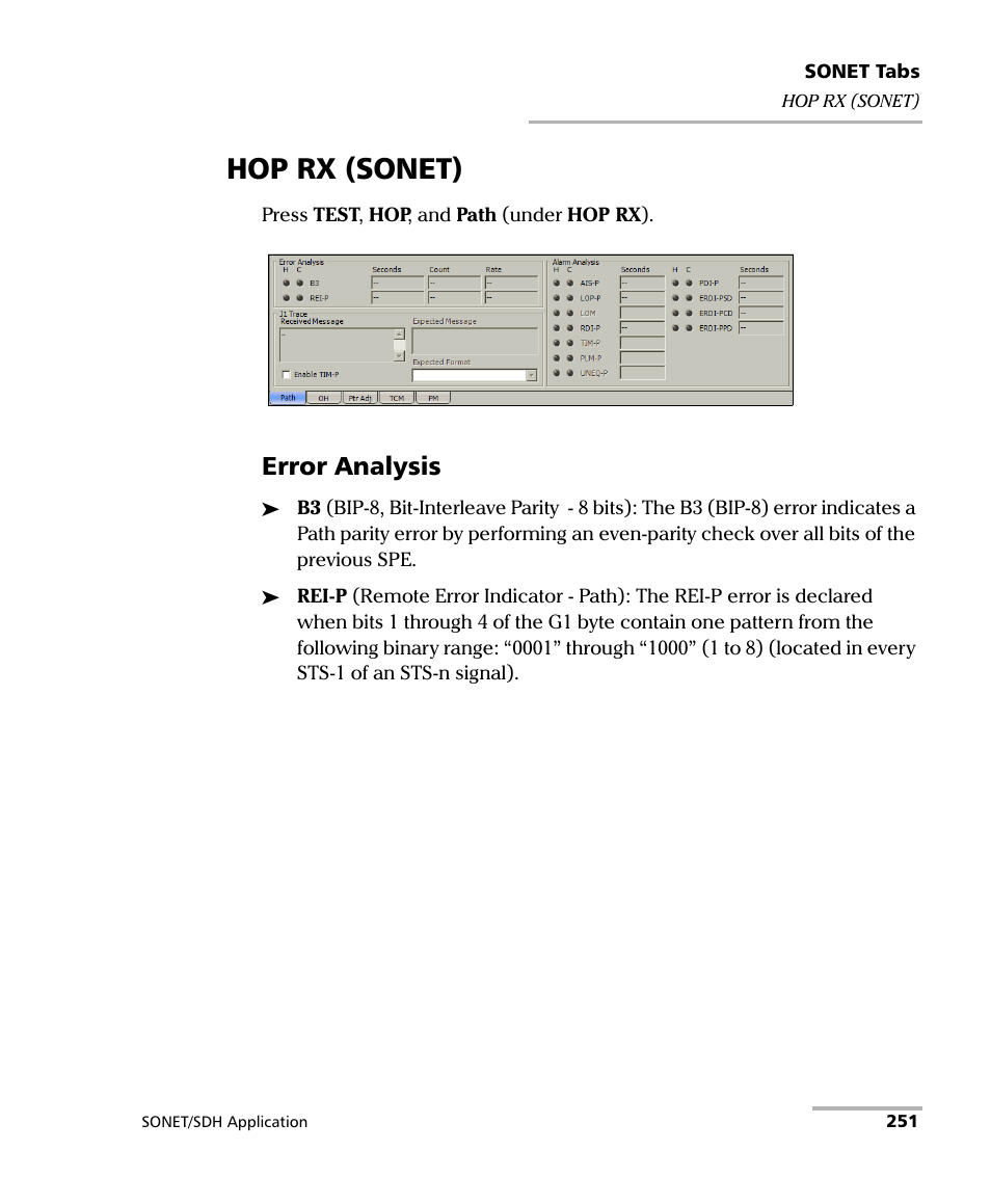 Hop rx (sonet), Error analysis | EXFO IQS-8100 Series Transport Blazer for IQS-600 User Manual | Page 265 / 719