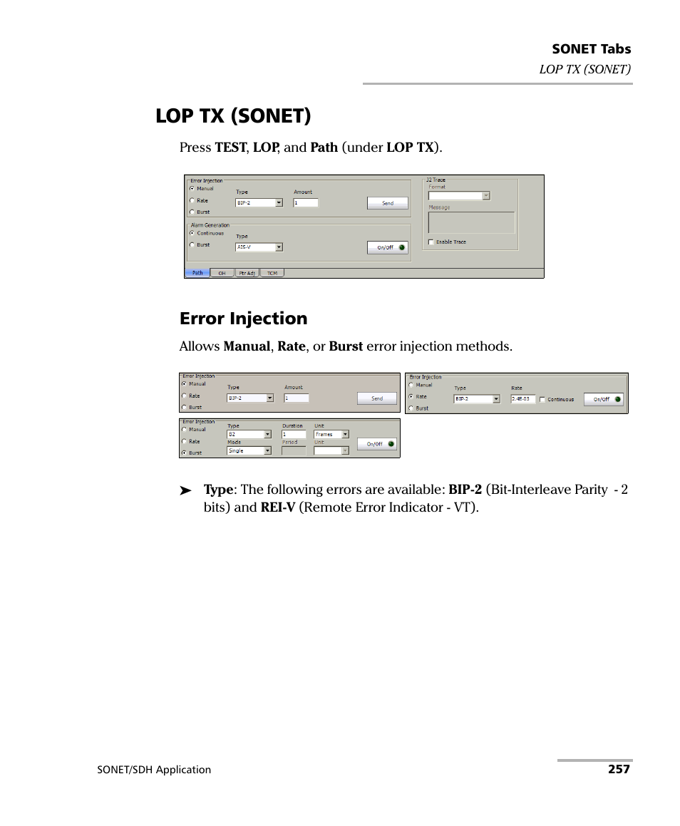 Lop tx (sonet), Error injection | EXFO IQS-8100 Series Transport Blazer for IQS-600 User Manual | Page 271 / 719