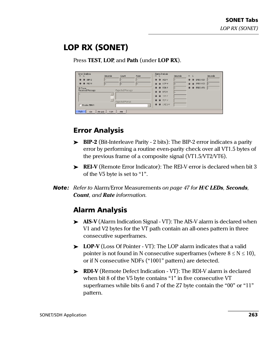 Lop rx (sonet), Error analysis, Alarm analysis | EXFO IQS-8100 Series Transport Blazer for IQS-600 User Manual | Page 277 / 719