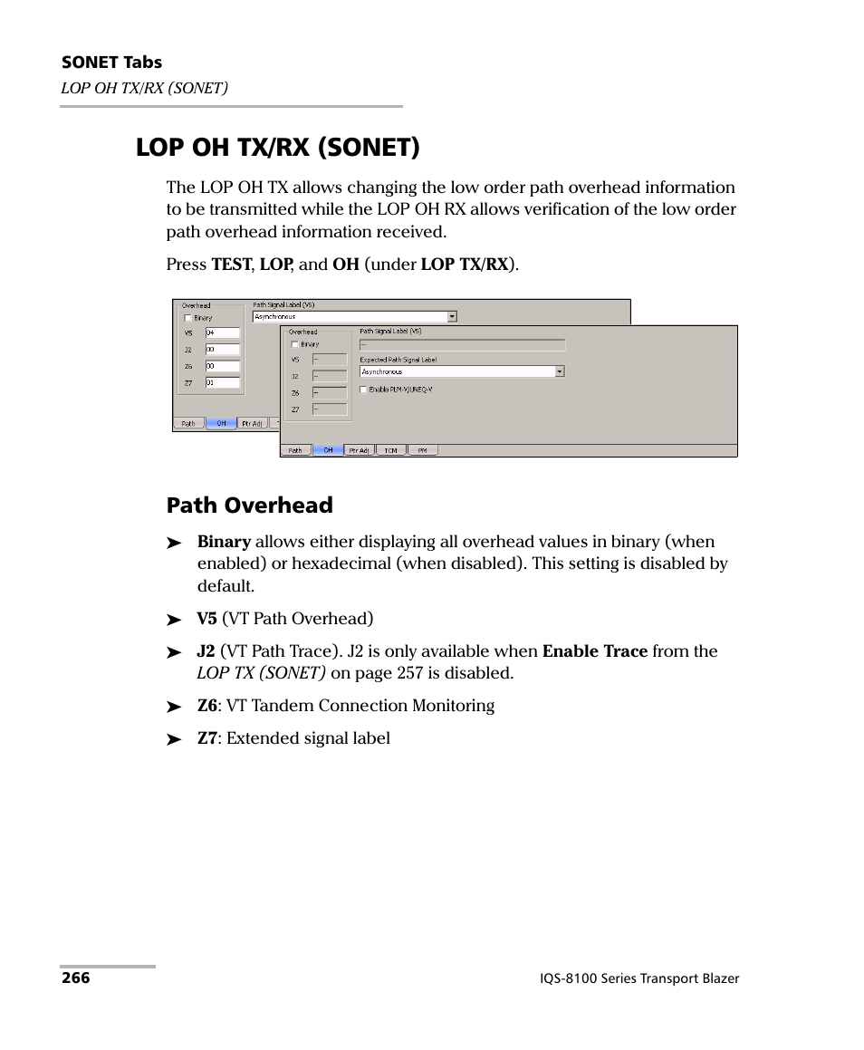 Lop oh tx/rx (sonet), Path overhead | EXFO IQS-8100 Series Transport Blazer for IQS-600 User Manual | Page 280 / 719