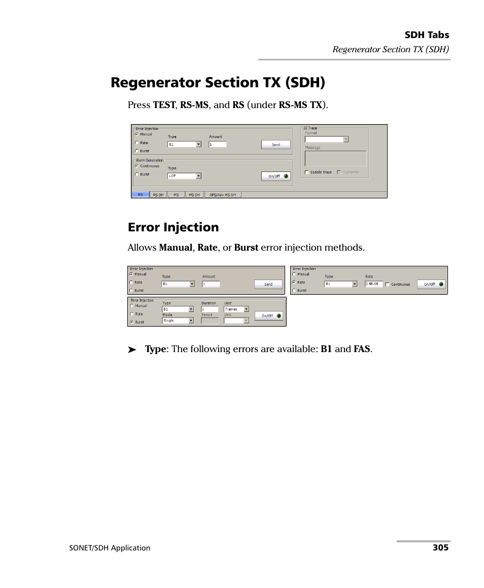 Regenerator section tx (sdh), Error injection | EXFO IQS-8100 Series Transport Blazer for IQS-600 User Manual | Page 319 / 719