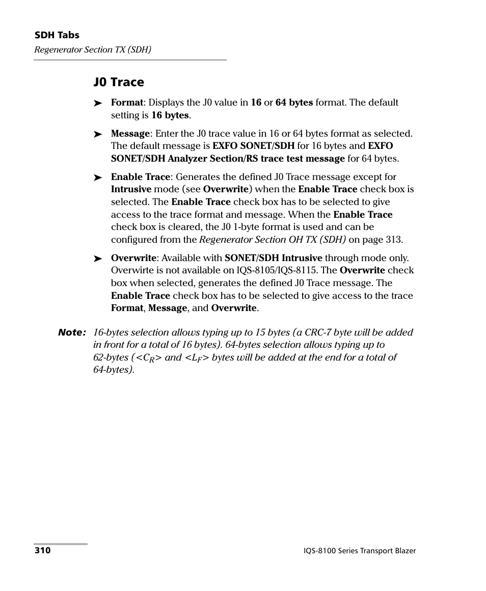 310 (sdh), J0 trace | EXFO IQS-8100 Series Transport Blazer for IQS-600 User Manual | Page 324 / 719