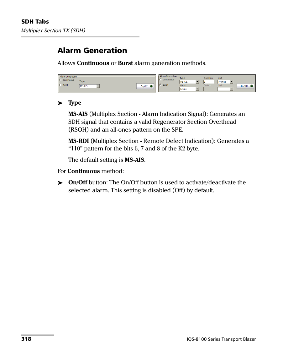 Alarm generation | EXFO IQS-8100 Series Transport Blazer for IQS-600 User Manual | Page 332 / 719