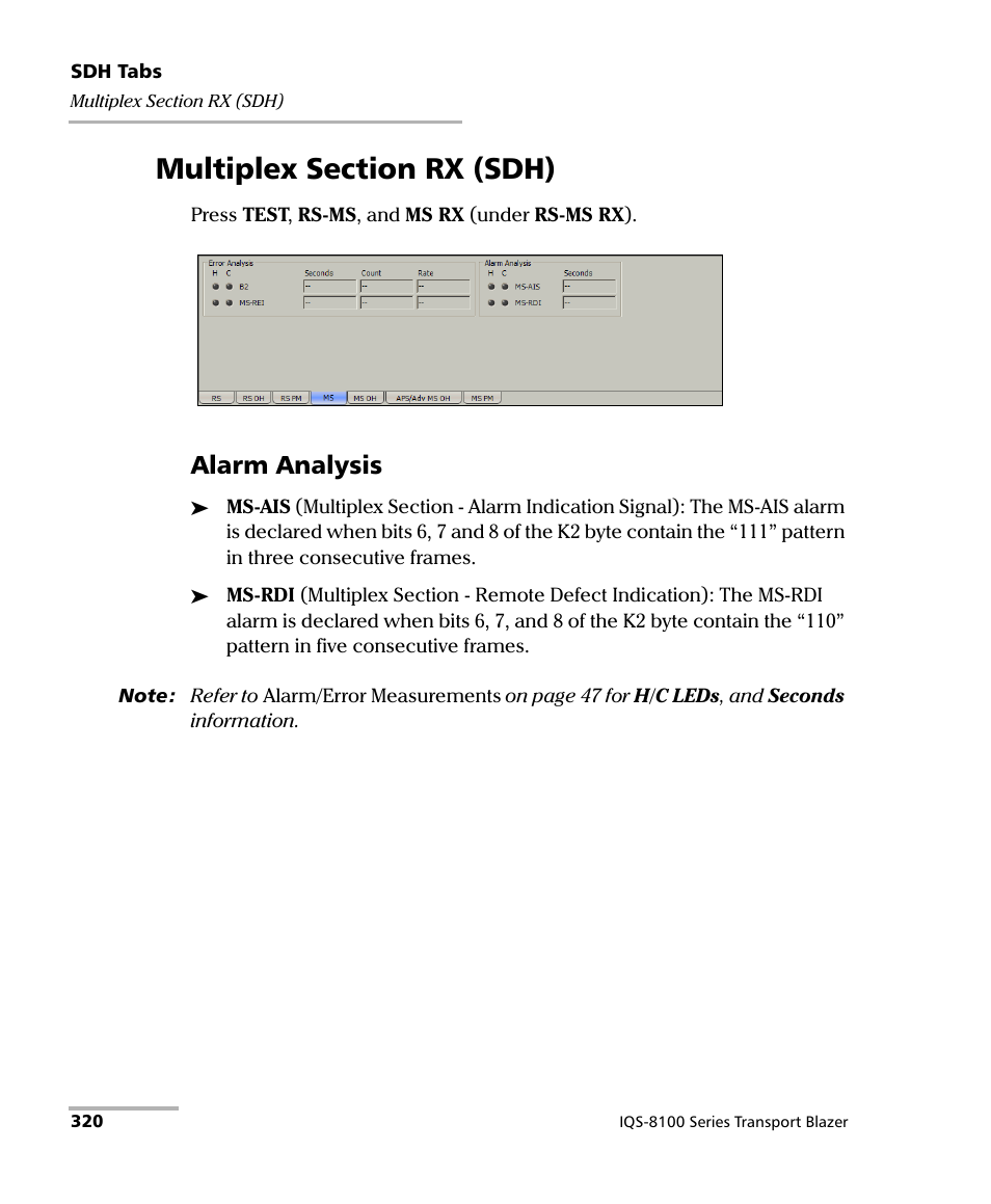 Multiplex section rx (sdh), Alarm analysis | EXFO IQS-8100 Series Transport Blazer for IQS-600 User Manual | Page 334 / 719