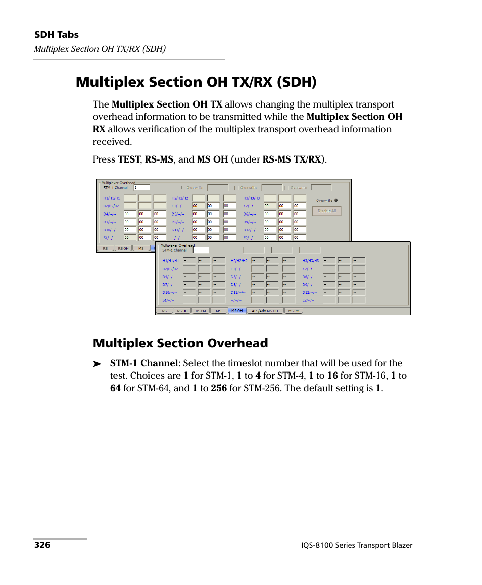 Multiplex section oh tx/rx (sdh) | EXFO IQS-8100 Series Transport Blazer for IQS-600 User Manual | Page 340 / 719