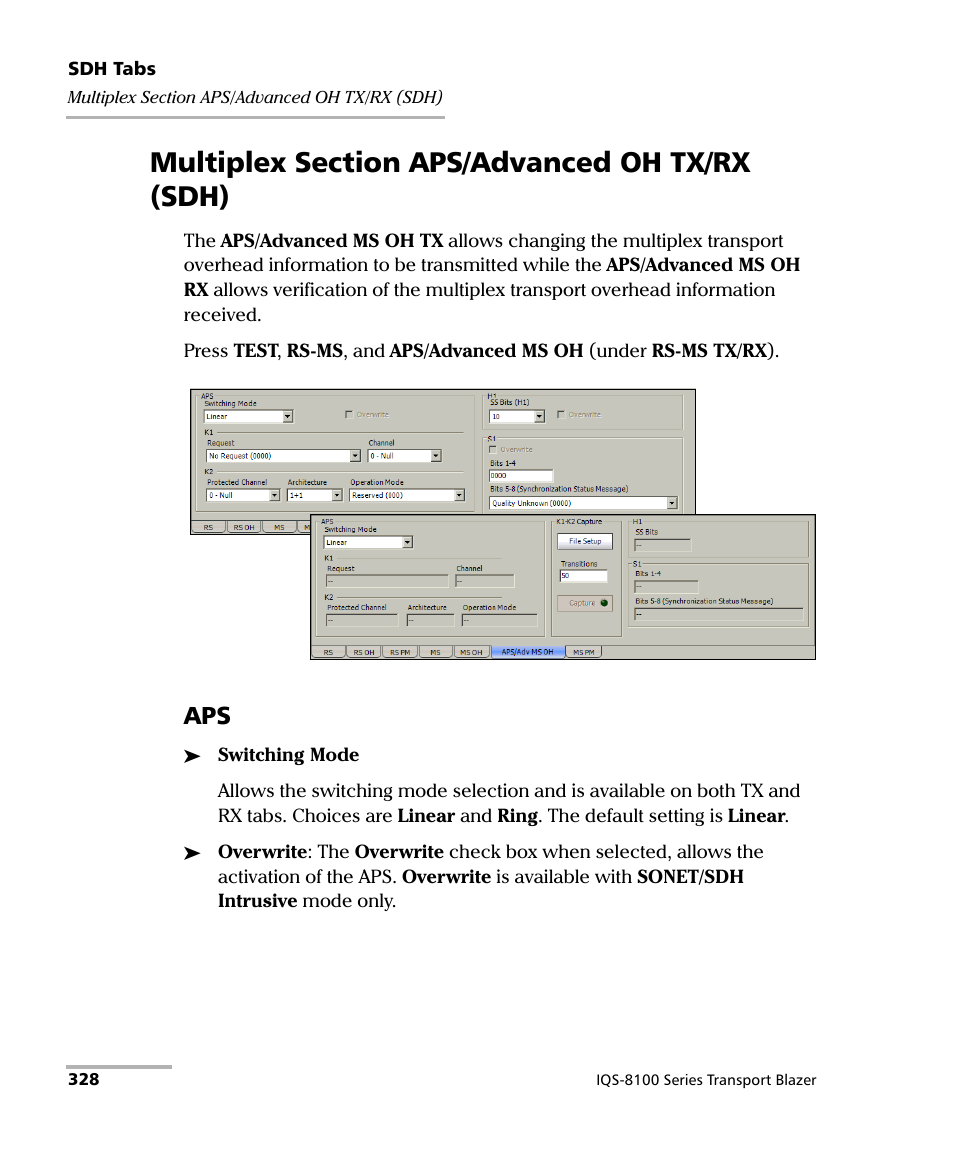 Multiplex section aps/advanced oh tx/rx (sdh) | EXFO IQS-8100 Series Transport Blazer for IQS-600 User Manual | Page 342 / 719