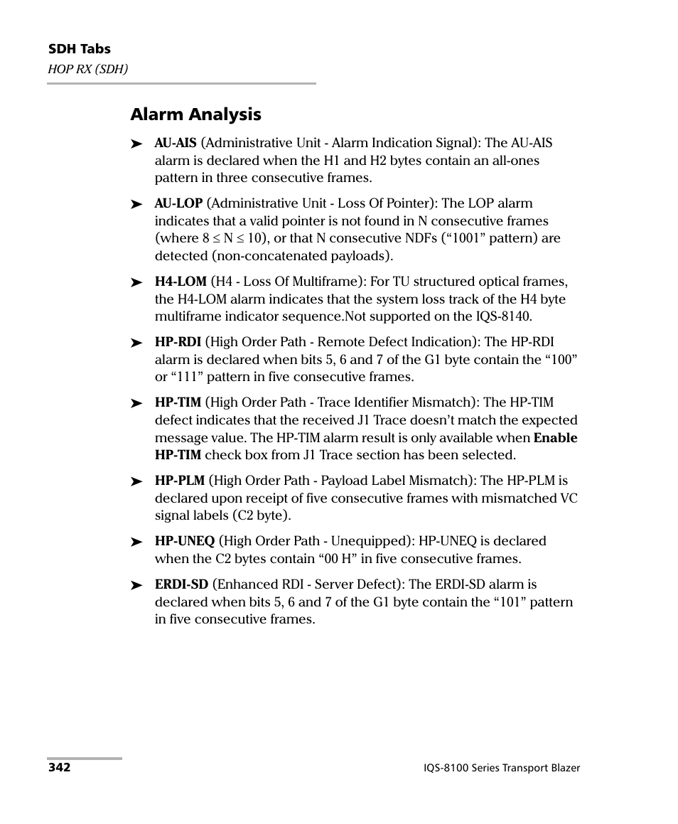 Alarm analysis | EXFO IQS-8100 Series Transport Blazer for IQS-600 User Manual | Page 356 / 719