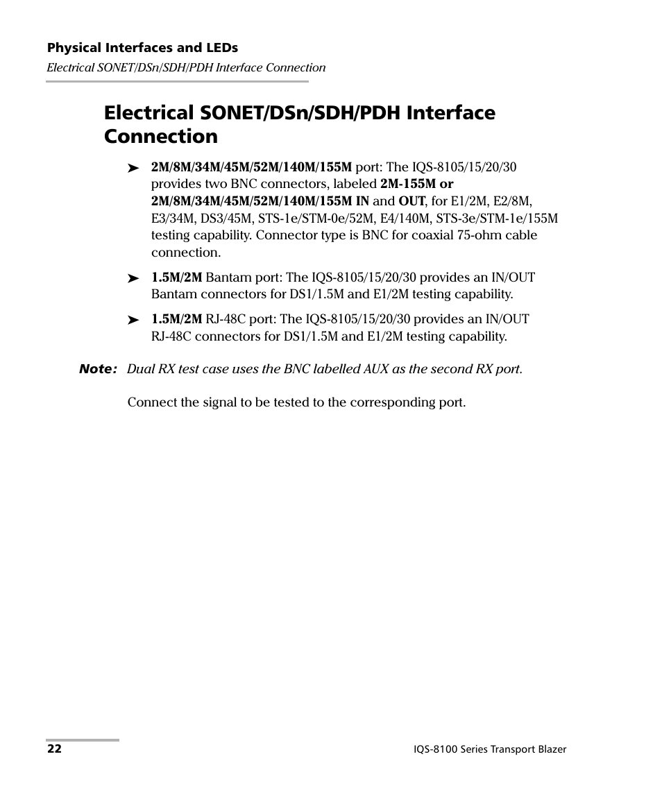 Electrical sonet/dsn/sdh/pdh interface connection | EXFO IQS-8100 Series Transport Blazer for IQS-600 User Manual | Page 36 / 719