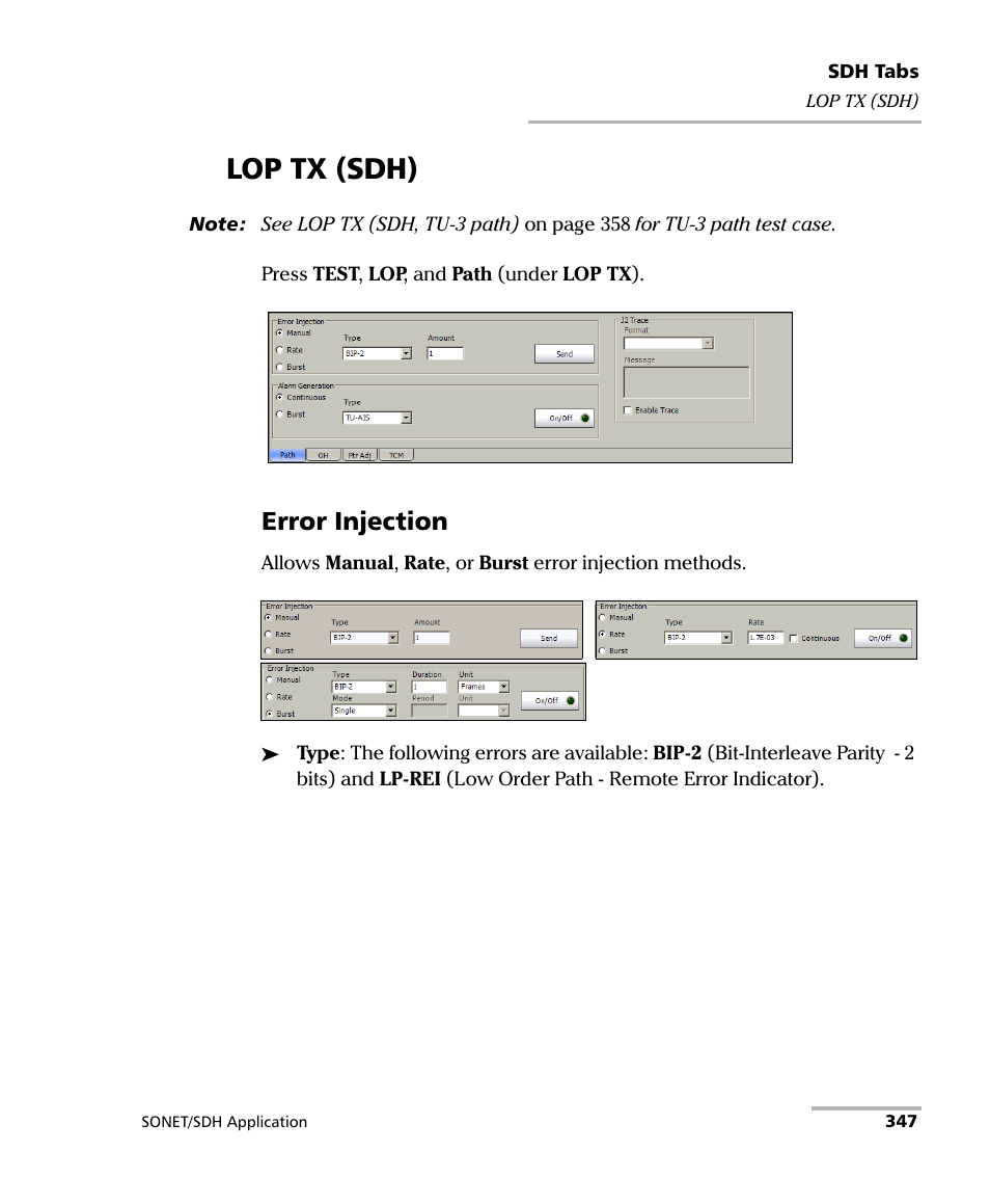 Lop tx (sdh), Error injection | EXFO IQS-8100 Series Transport Blazer for IQS-600 User Manual | Page 361 / 719