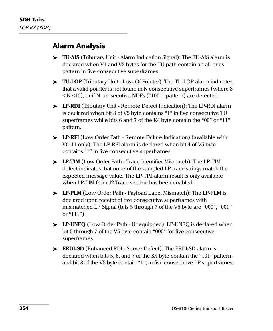 Alarm analysis | EXFO IQS-8100 Series Transport Blazer for IQS-600 User Manual | Page 368 / 719