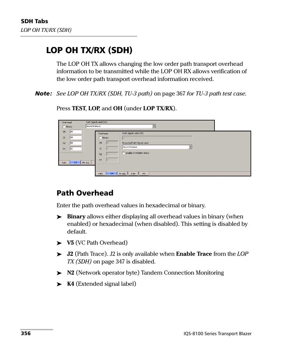 Lop oh tx/rx (sdh), Path overhead | EXFO IQS-8100 Series Transport Blazer for IQS-600 User Manual | Page 370 / 719