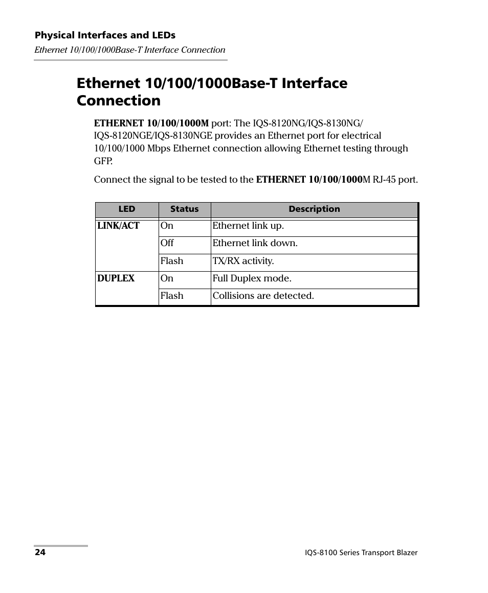 Ethernet 10/100/1000base-t interface connection | EXFO IQS-8100 Series Transport Blazer for IQS-600 User Manual | Page 38 / 719