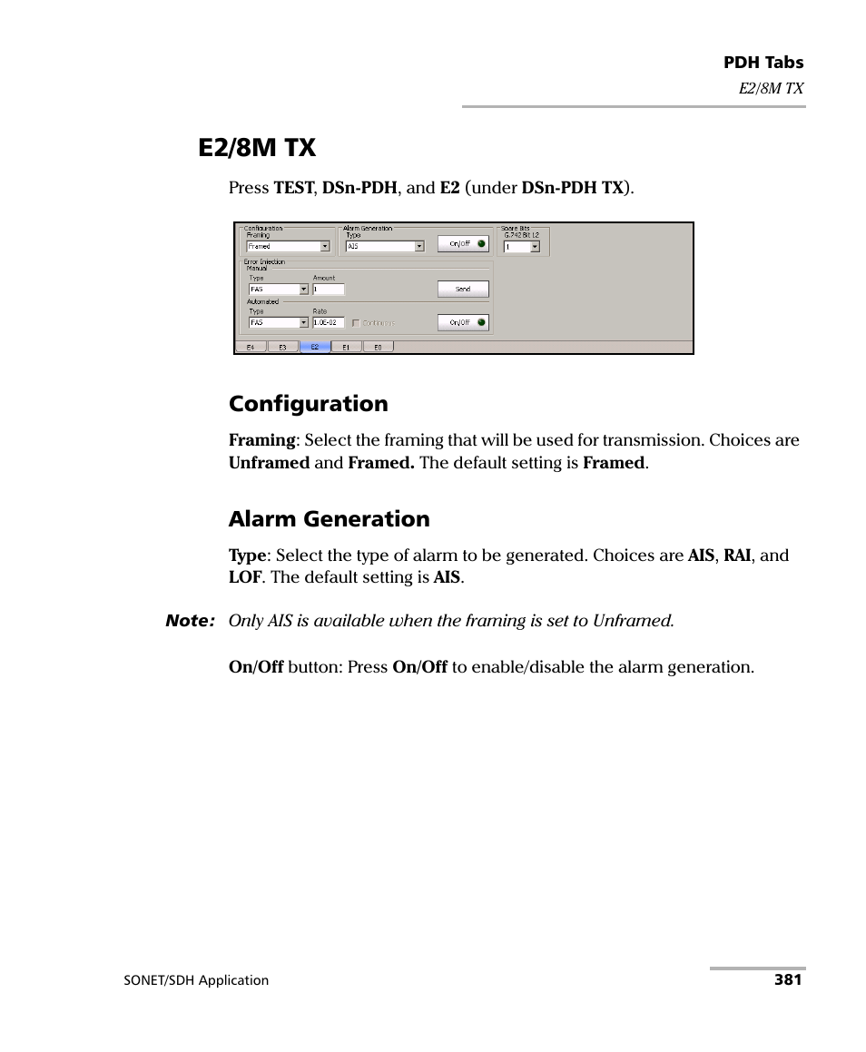 E2/8m tx, Configuration, Alarm generation | EXFO IQS-8100 Series Transport Blazer for IQS-600 User Manual | Page 395 / 719