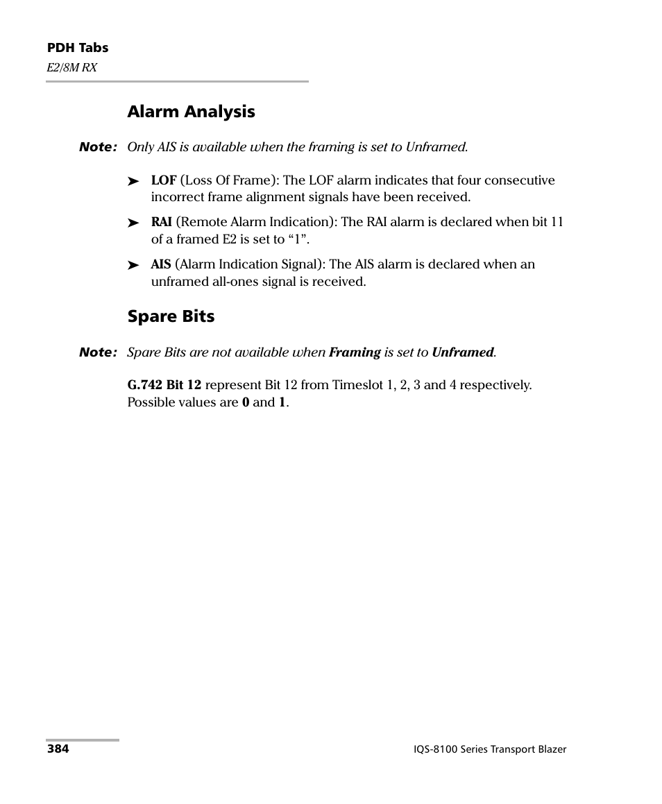 Alarm analysis, Spare bits | EXFO IQS-8100 Series Transport Blazer for IQS-600 User Manual | Page 398 / 719