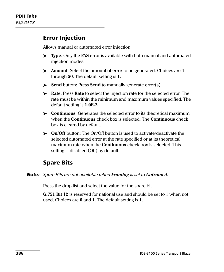 Error injection, Spare bits | EXFO IQS-8100 Series Transport Blazer for IQS-600 User Manual | Page 400 / 719