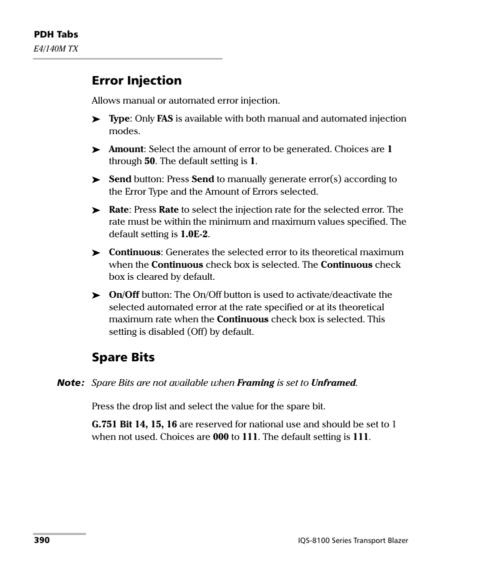 Error injection, Spare bits | EXFO IQS-8100 Series Transport Blazer for IQS-600 User Manual | Page 404 / 719