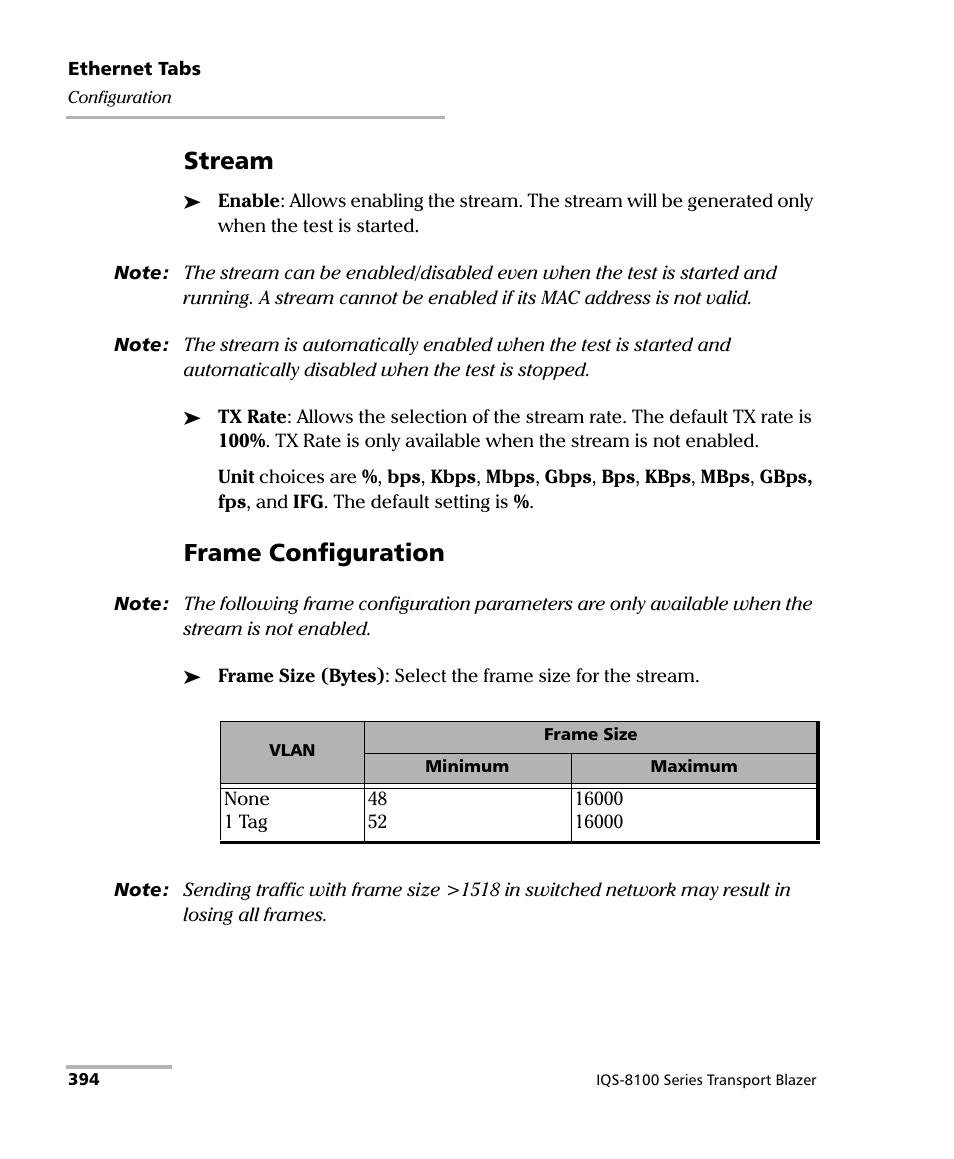 Stream, Frame configuration | EXFO IQS-8100 Series Transport Blazer for IQS-600 User Manual | Page 408 / 719