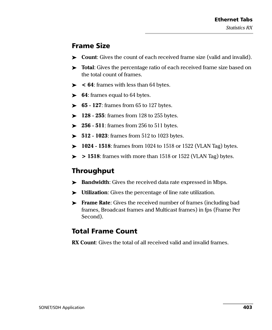 Frame size, Throughput, Total frame count | EXFO IQS-8100 Series Transport Blazer for IQS-600 User Manual | Page 417 / 719