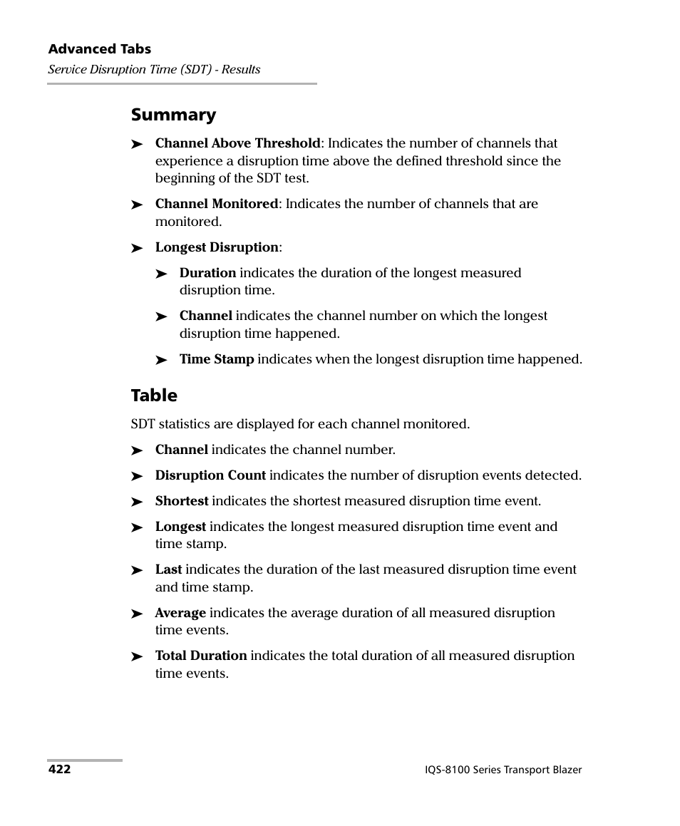 Summary, Table | EXFO IQS-8100 Series Transport Blazer for IQS-600 User Manual | Page 436 / 719