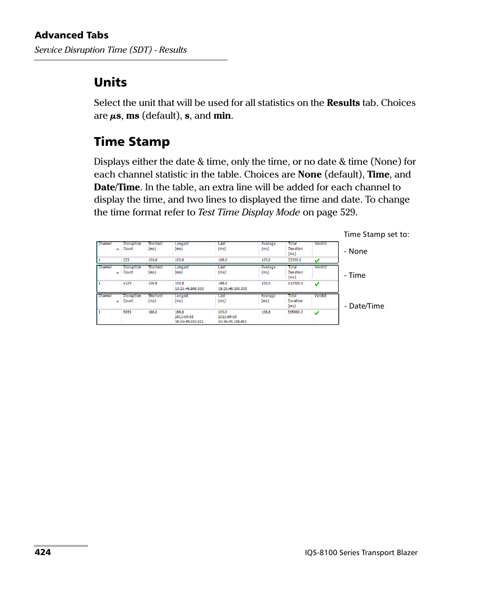 Units, Time stamp | EXFO IQS-8100 Series Transport Blazer for IQS-600 User Manual | Page 438 / 719